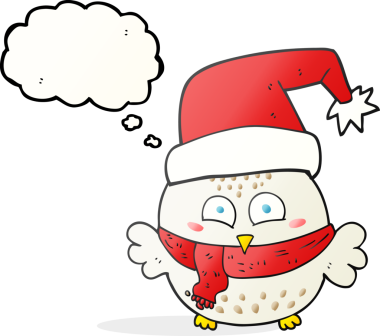 Bir insan tarafından çizilmiş serbest çizim balon karikatür şirin noel baykuşu.