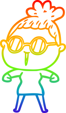 Bir insan tarafından çizilmiş gözlük takan bir karikatür kadının çizimi.