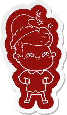 Bir insan tarafından çizilmiş Noel Baba şapkası giyen heyecanlı bir adamın garip çizgi film çıkartması.