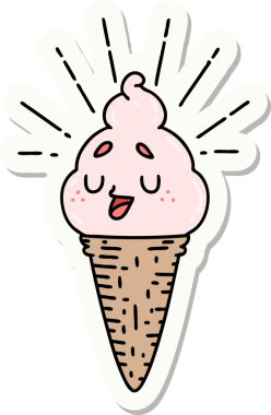 Bir insan tarafından çizilmiş dövme stili dondurma karakterinin çıkartması.