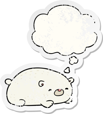 Karikatür kutup ayısı. Düşünce baloncuğu insan tarafından çizilmiş yıpranmış bir çıkartma.