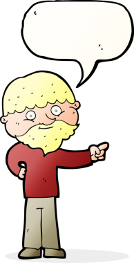 Karikatür sakallı adam bir insan tarafından çizilmiş konuşma balonuyla işaret ediyor.