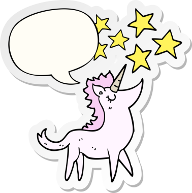 Bir insan tarafından çizilmiş konuşma balonu çıkartmalı tek boynuzlu at çizgi filmi.