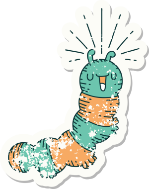 Dövme stili eski bir çıkartma. Bir insan tarafından çizilmiş mutlu tırtıl.