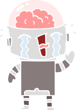 Düz renkli çizgi film ağlayan robot bir insan tarafından çizildi.