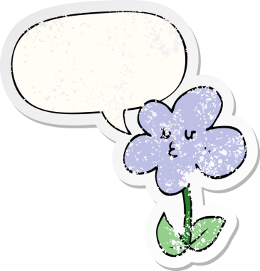 Konuşma baloncuğu olan karikatür çiçeği bir insan tarafından çizilmiş sıkıntılı eski bir çıkartma