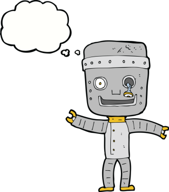 Bir insan tarafından çizilmiş düşünce baloncuğu olan komik yaşlı robot.