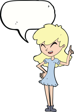 Bir insan tarafından çizilen konuşma baloncuğuyla nokta koyan çizgi film kızı.