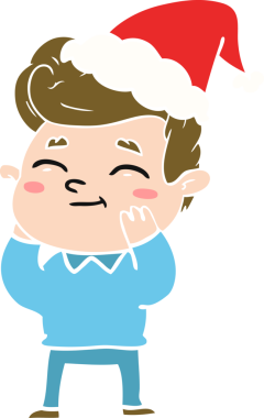 Bir insan tarafından çizilmiş Noel Baba şapkası giyen bir adamın mutlu el çizimi düz renk çizimi.