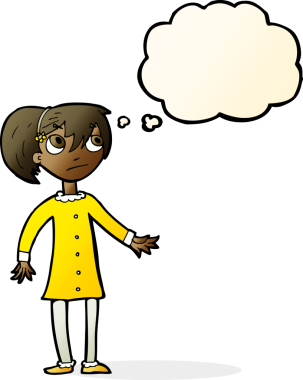 Bir insan tarafından çizilmiş düşünce balonlu endişeli bir kız.