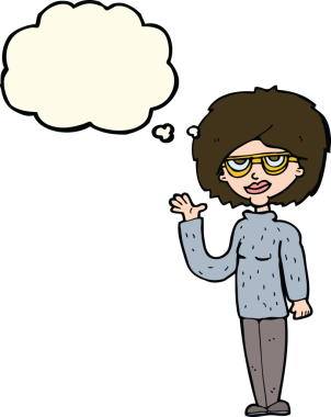 Bir insan tarafından çizilmiş düşünce baloncuğuyla el sallayan çizgi film kadını.