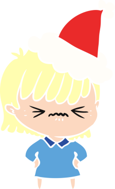 Bir insan tarafından çizilmiş Noel Baba şapkası giymiş bir kızın çizilmiş düz renk çizimi.