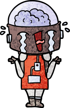 Çizgi film ağlayan robot omuz silkiyor Bir insan tarafından çizilmiş kafa karışıklığı içinde