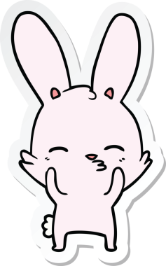 Bir insan tarafından çizilmiş meraklı, el sallayan tavşan çizgi filminin çıkartması.