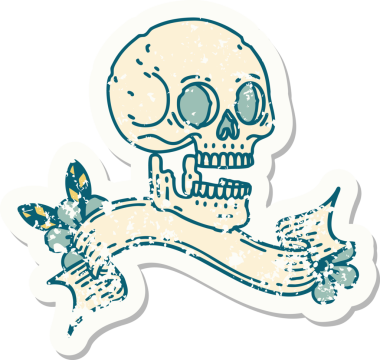 Bir insan tarafından çizilmiş kafatasının pankartıyla eski bir etiket.