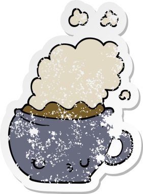 Bir insan tarafından çizilmiş şirin bir kahve fincanının sıkıntılı çıkartması.