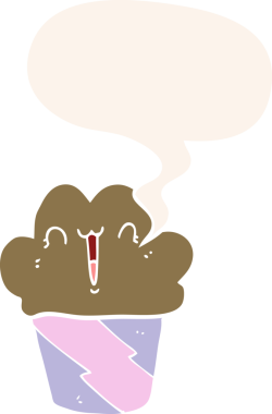 Bir insan tarafından çizilmiş, yüzü konuşma baloncuğu olan çizgi film keki.