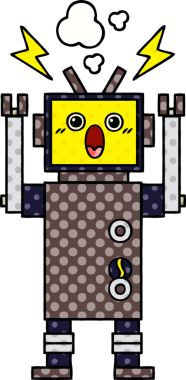 Bir insan tarafından çizilmiş bozuk bir robotun çizgi romanı.