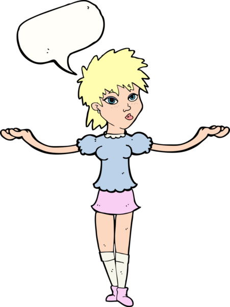 Bir insan tarafından çizilmiş konuşma baloncuğuyla omuz silken çizgi film kadını.