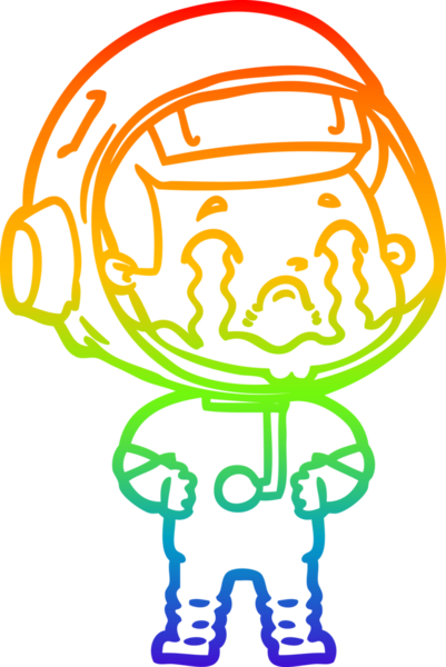 Gökkuşağı gradyan çizgi çizimi bir insan tarafından çizilmiş ağlayan astronot