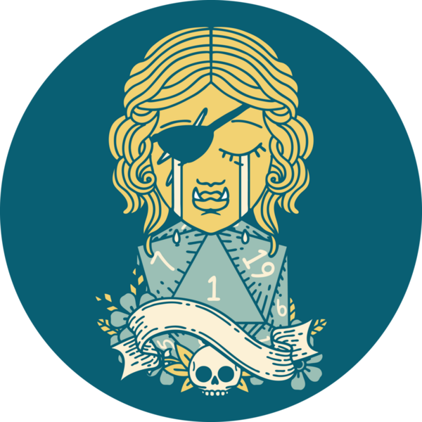 Retro Dövme Tarzı Ağlayan Ork düzenbaz karakter yüzü ve bir insan tarafından çizilmiş doğal bir D20 rulo