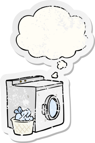 Düşünce baloncuklu çizgi film çamaşır makinesi insan tarafından çizilmiş yıpranmış bir çıkartma gibi.