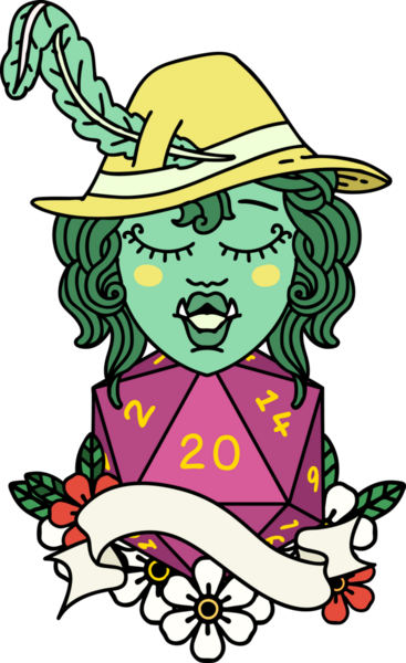 Retro Dövme Tarzı Bir insan tarafından çizilmiş 20 zarlı yarı ork ozan karakteri