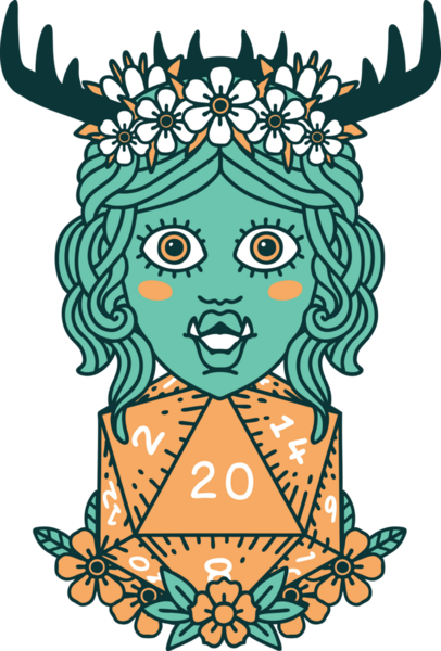 Retro Dövme Biçimi Yarı Ork Druid Bir insan tarafından çizilmiş 20 zar ile