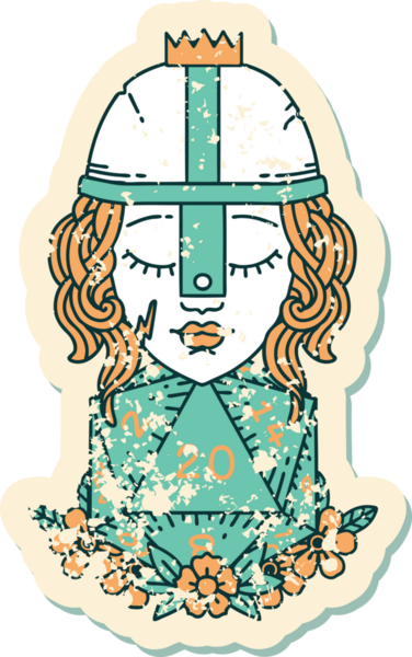 Bir insan dövüşçüsünün grunge sticker 'ı. Bir insan tarafından çizilmiş 20 D20 zarlı.