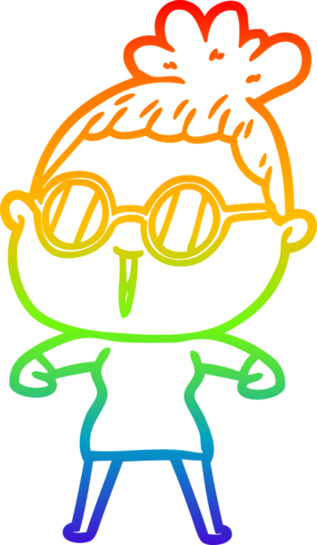 Bir insan tarafından çizilmiş gözlük takan bir karikatür kadının çizimi.