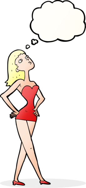 Bir insan tarafından çizilmiş düşünce balonlu parti elbisesi içindeki karikatür kadın.