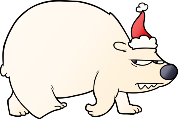 Bir insan tarafından çizilmiş Noel Baba şapkası giymiş kızgın bir kutup ayısının el çizimi karikatürü.
