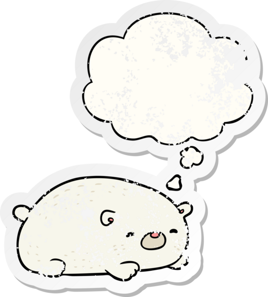 Karikatür kutup ayısı. Düşünce baloncuğu insan tarafından çizilmiş yıpranmış bir çıkartma.