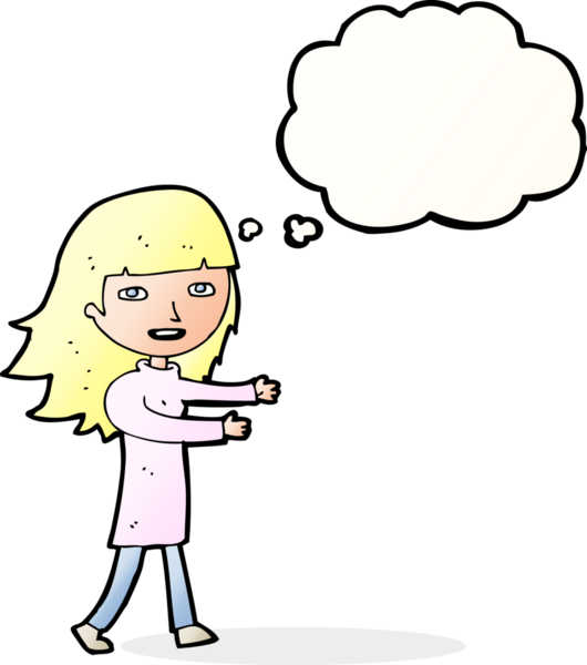 Bir insan tarafından çizilmiş düşünce balonlu mutlu kız çizgi filmi.