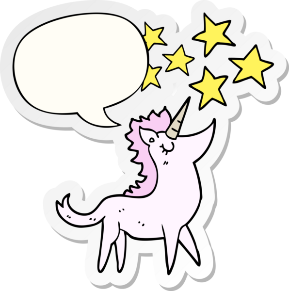 Bir insan tarafından çizilmiş konuşma balonu çıkartmalı tek boynuzlu at çizgi filmi.