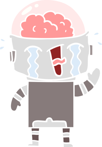 Düz renkli çizgi film ağlayan robot bir insan tarafından çizildi.