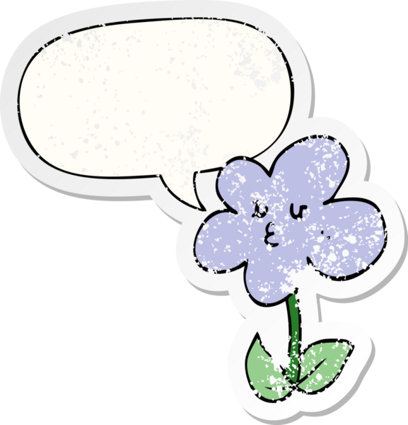 Konuşma baloncuğu olan karikatür çiçeği bir insan tarafından çizilmiş sıkıntılı eski bir çıkartma