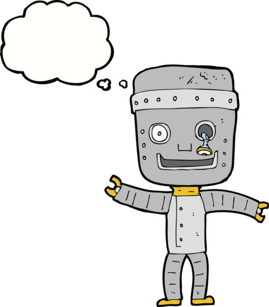 Bir insan tarafından çizilmiş düşünce baloncuğu olan komik yaşlı robot.