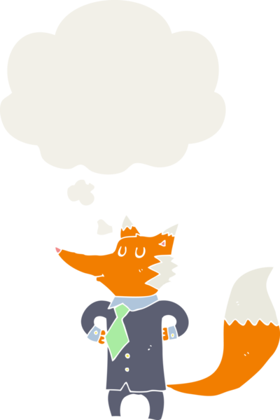 Bir insan tarafından çizilmiş düşünce baloncuğu olan tilki çizgi film işadamı.