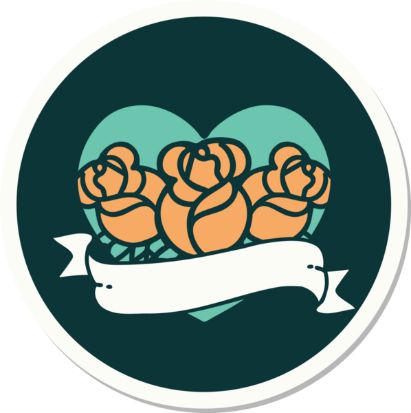 Geleneksel kalp stili dövme çıkartması ve bir insan tarafından çizilmiş çiçekli pankart.