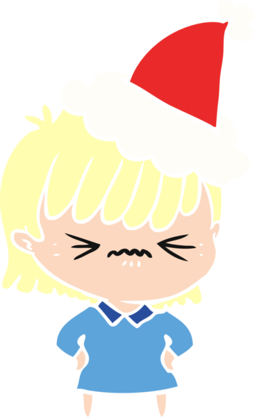 Bir insan tarafından çizilmiş Noel Baba şapkası giymiş bir kızın çizilmiş düz renk çizimi.