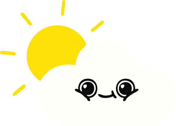 Bir insanın çizdiği düz renkli güneş ve bulut karikatürü