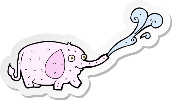 Bir insan tarafından çizilmiş komik, küçük bir filin su fışkırtan çıkartması.