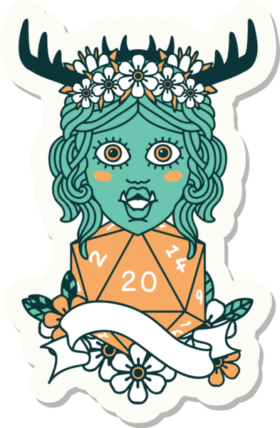 Bir insan tarafından çizilmiş 20 zarlı yarı ork Druid karakterinin çıkartması.