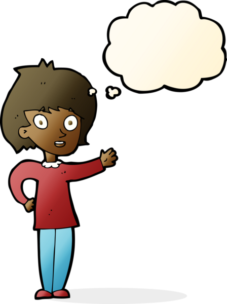 Bir insan tarafından çizilmiş düşünce balonlu mutlu kadın çizgi filmi.