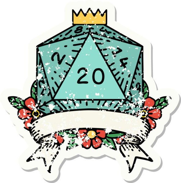 Bir insan tarafından çekilen 20 kritik vuruşluk D20 zar atımının grunge çıkartması.