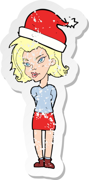 Bir insan tarafından çizilmiş noel şapkası giyen bir karikatür kadının sıkıntılı retro çıkartması.