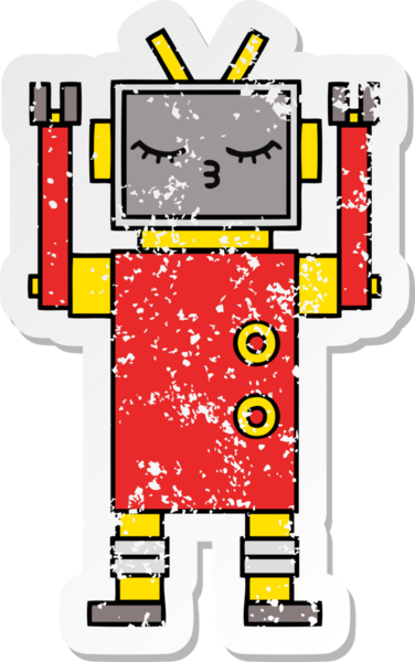 Bir insan tarafından çizilmiş sevimli bir robot çizgi film çıkartması.