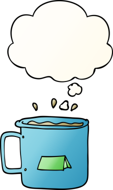 Bir insan tarafından çizilmiş, düşünce baloncuklu çizgi film kamp kupası.