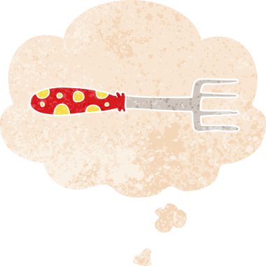 Düşünce baloncuğu ile çizgi film çatalı grunge sıkıntılı retro stili bir insan tarafından çizilmiş